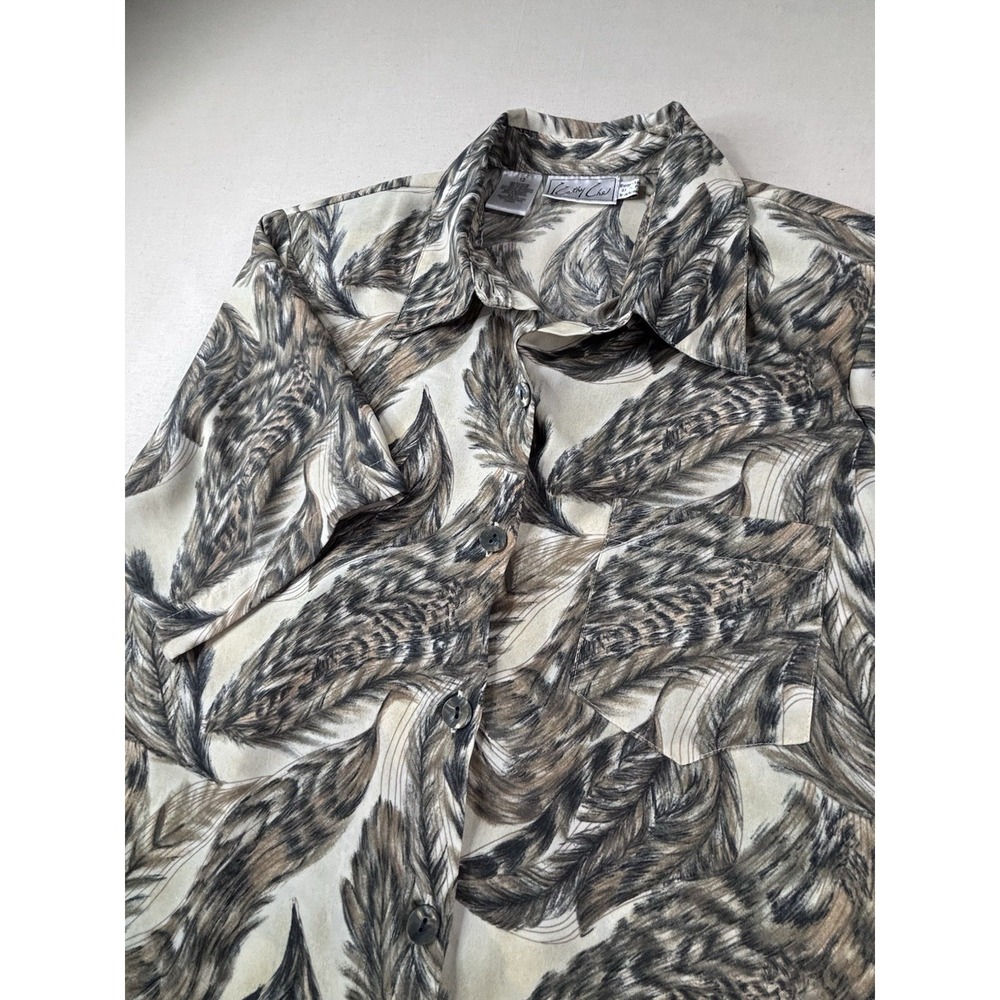 Vintage Kathy Che Feather Print Button‎ Down Camp Shirt 12
